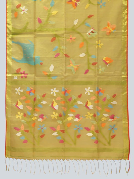 Pure Muslin Jamdani Saree with Multicolor Floral & Deer Motifs