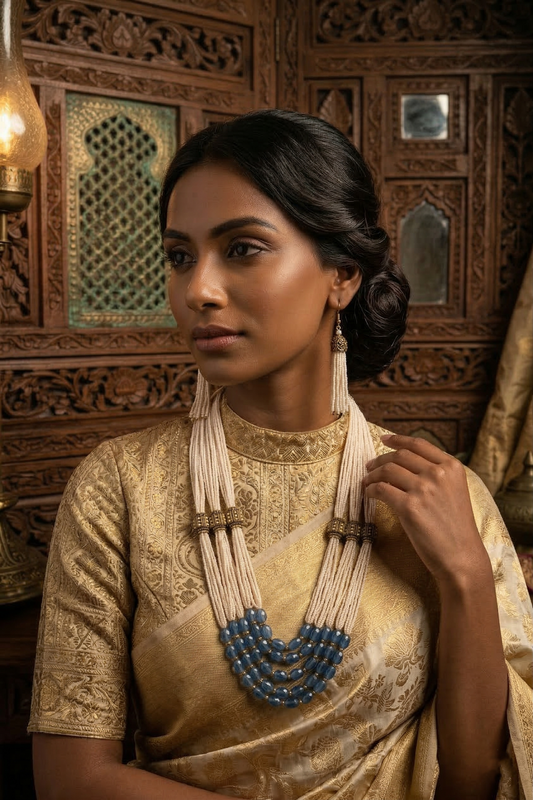 Ivory Pearl & Sapphire Blue Layered Necklace Set