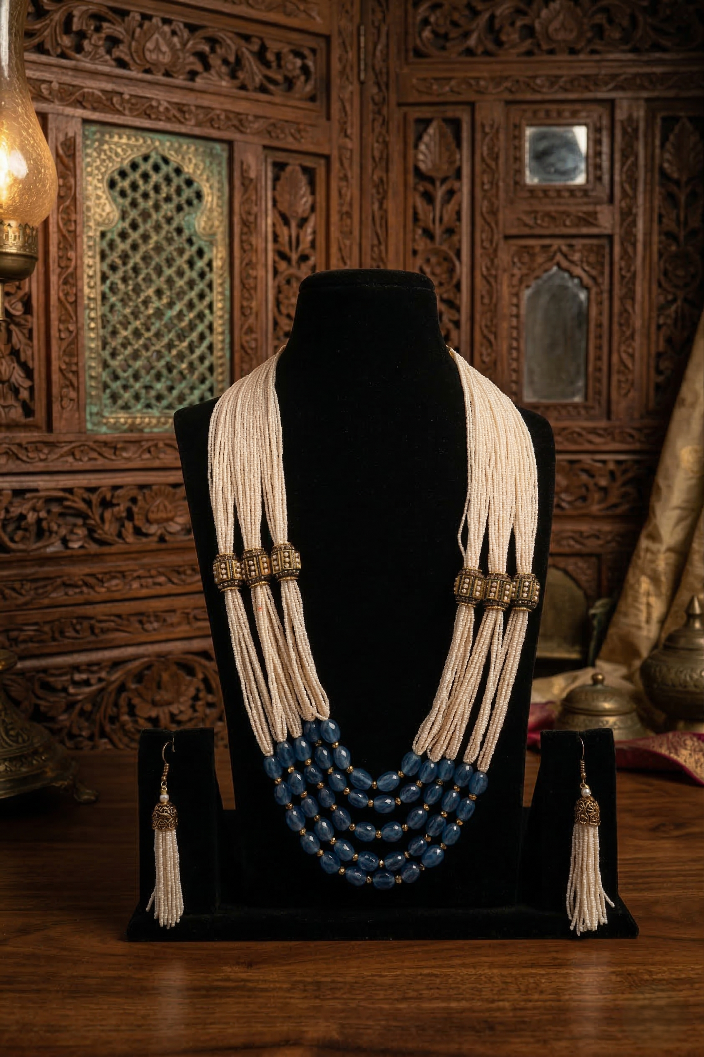 Ivory Pearl & Sapphire Blue Layered Necklace Set