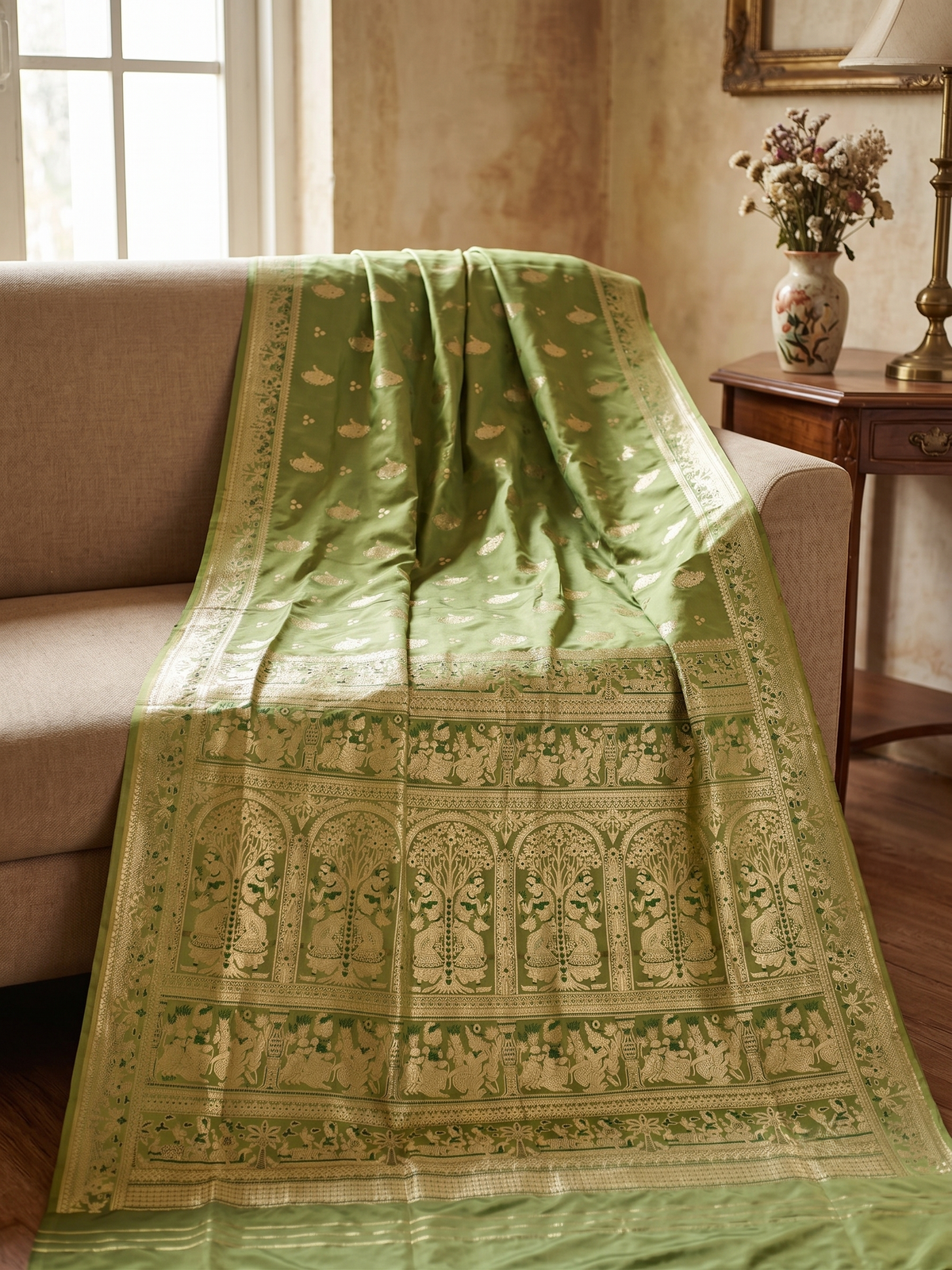 Olive Green Swarnachari Blend Saree