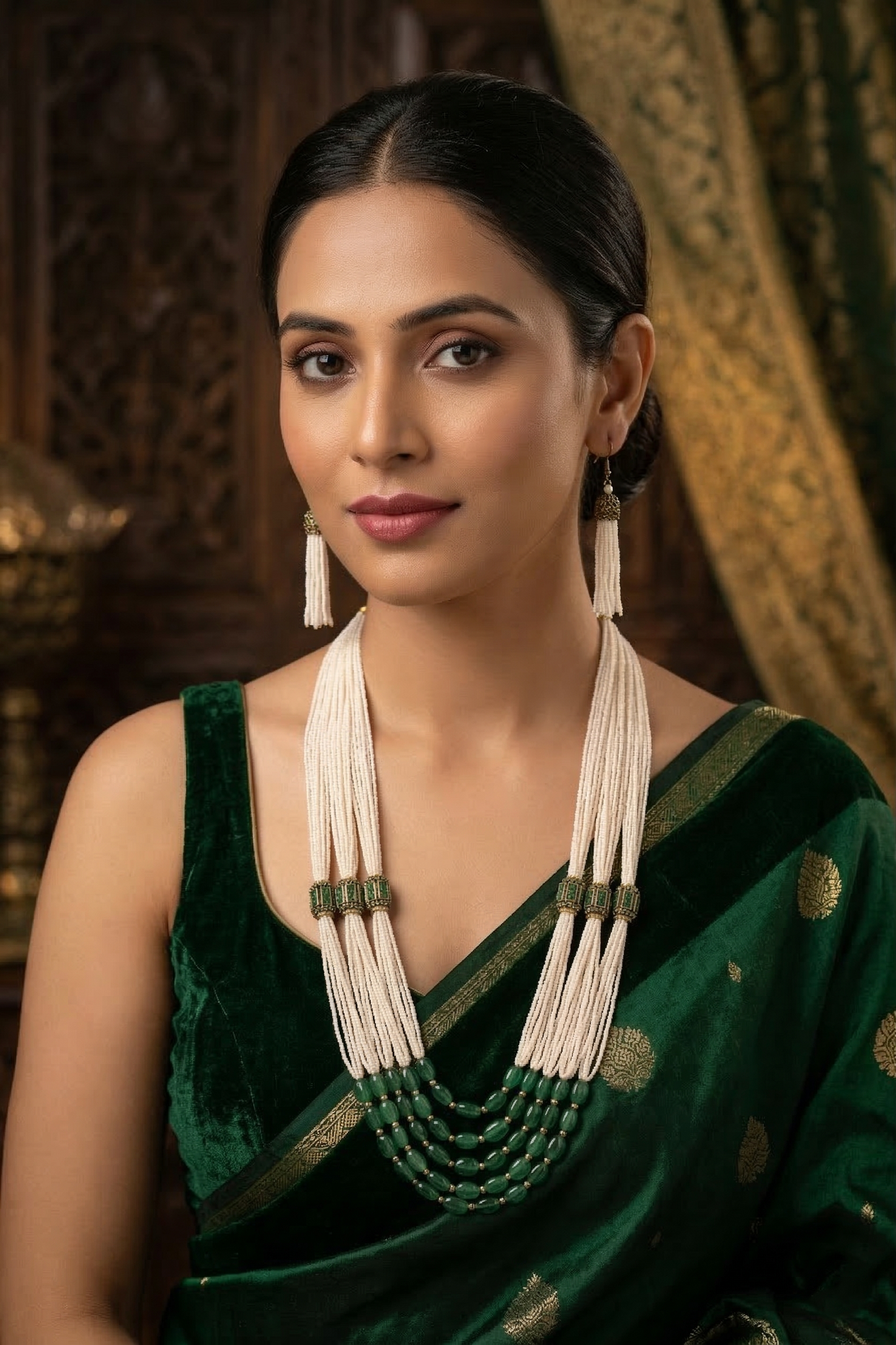 Ivory Pearl & Emerald Green Layered Necklace Set
