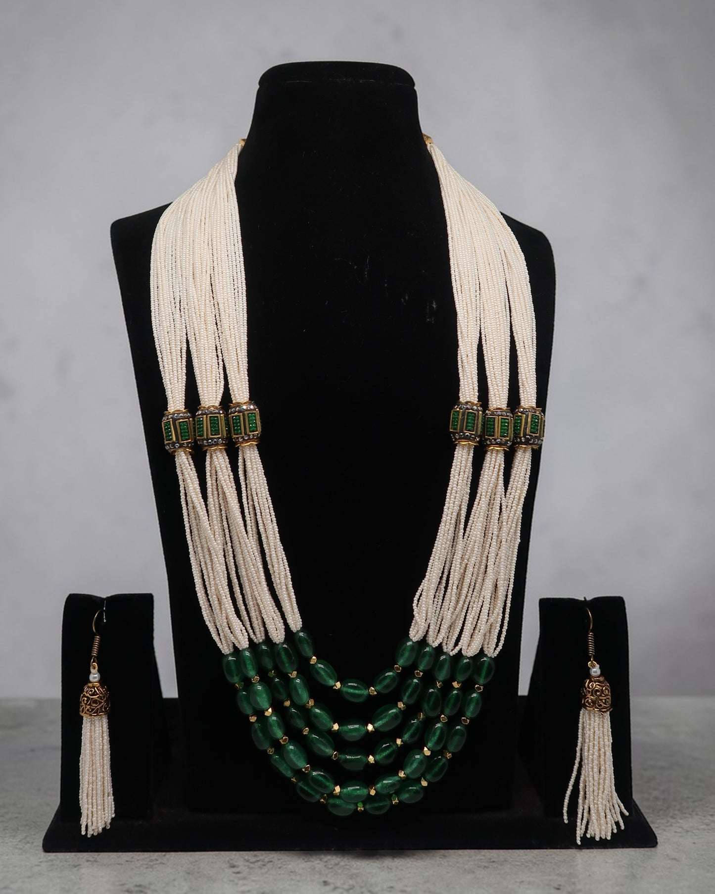 Ivory Pearl & Emerald Green Layered Necklace Set