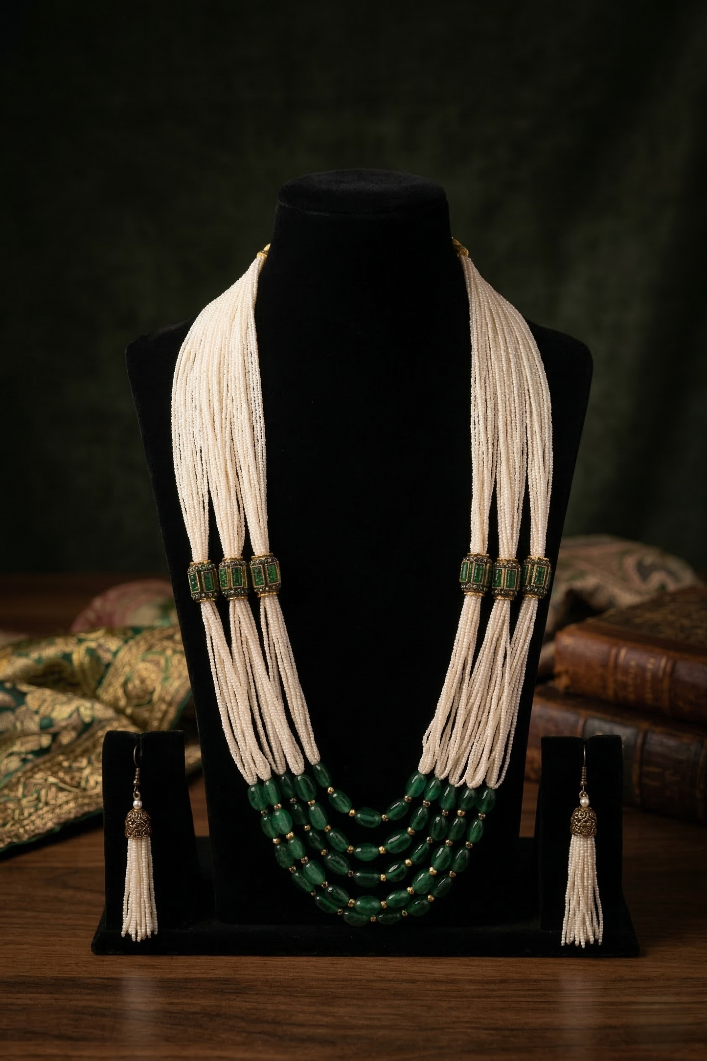 Ivory Pearl & Emerald Green Layered Necklace Set