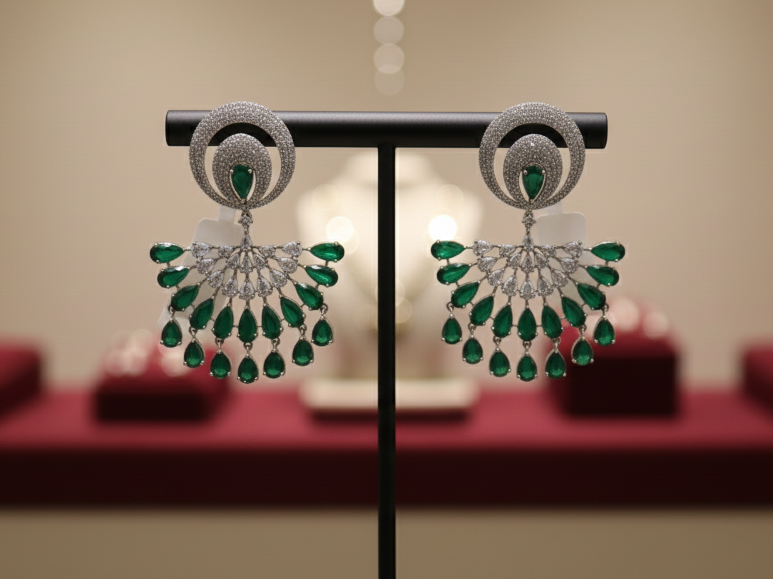 Royal Green American Diamond Drop Earrings