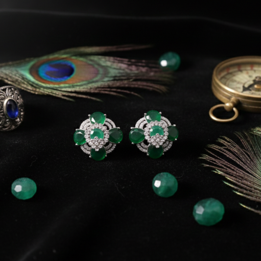 Emerald Bloom CZ Crystal Stud Earrings