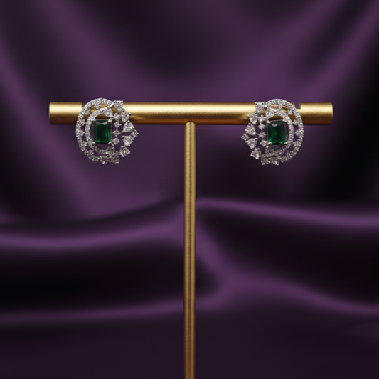 Emerald Crescent Halo CZ Stud Earrings
