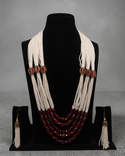 Ivory Pearl & Ruby Red Statement Necklace Set
