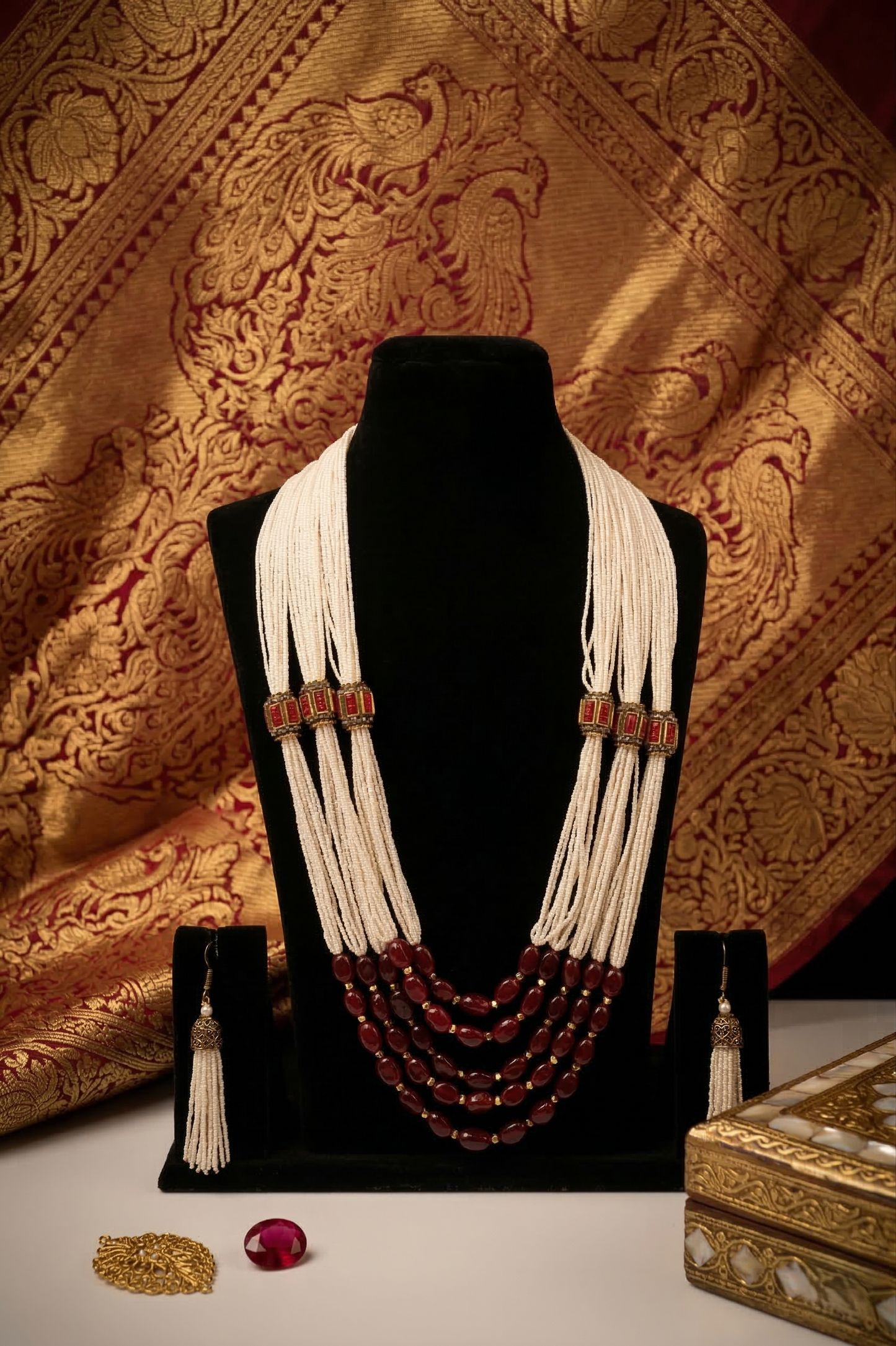 Ivory Pearl & Ruby Red Statement Necklace Set