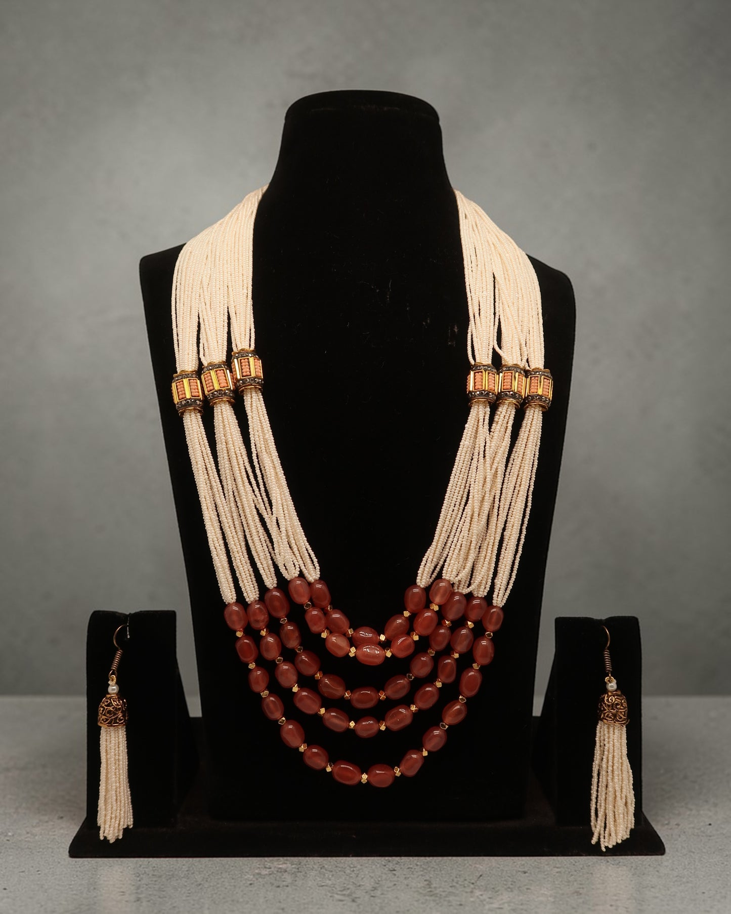 Ivory Pearl & Coral Peach Layered Necklace Set