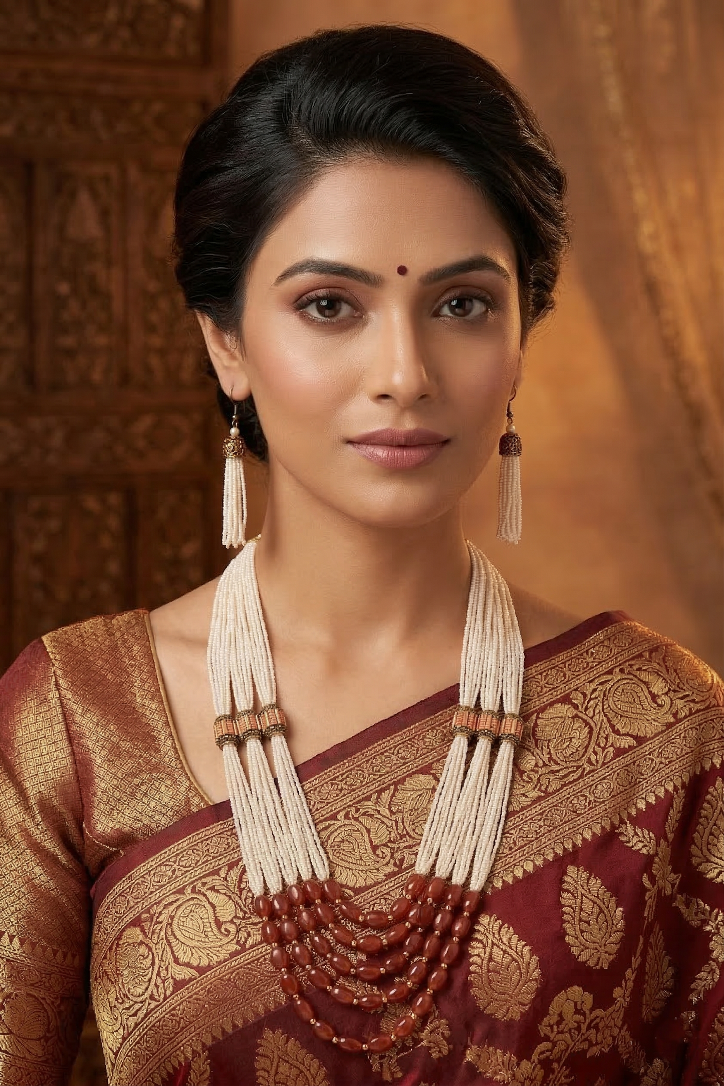 Ivory Pearl & Coral Peach Layered Necklace Set