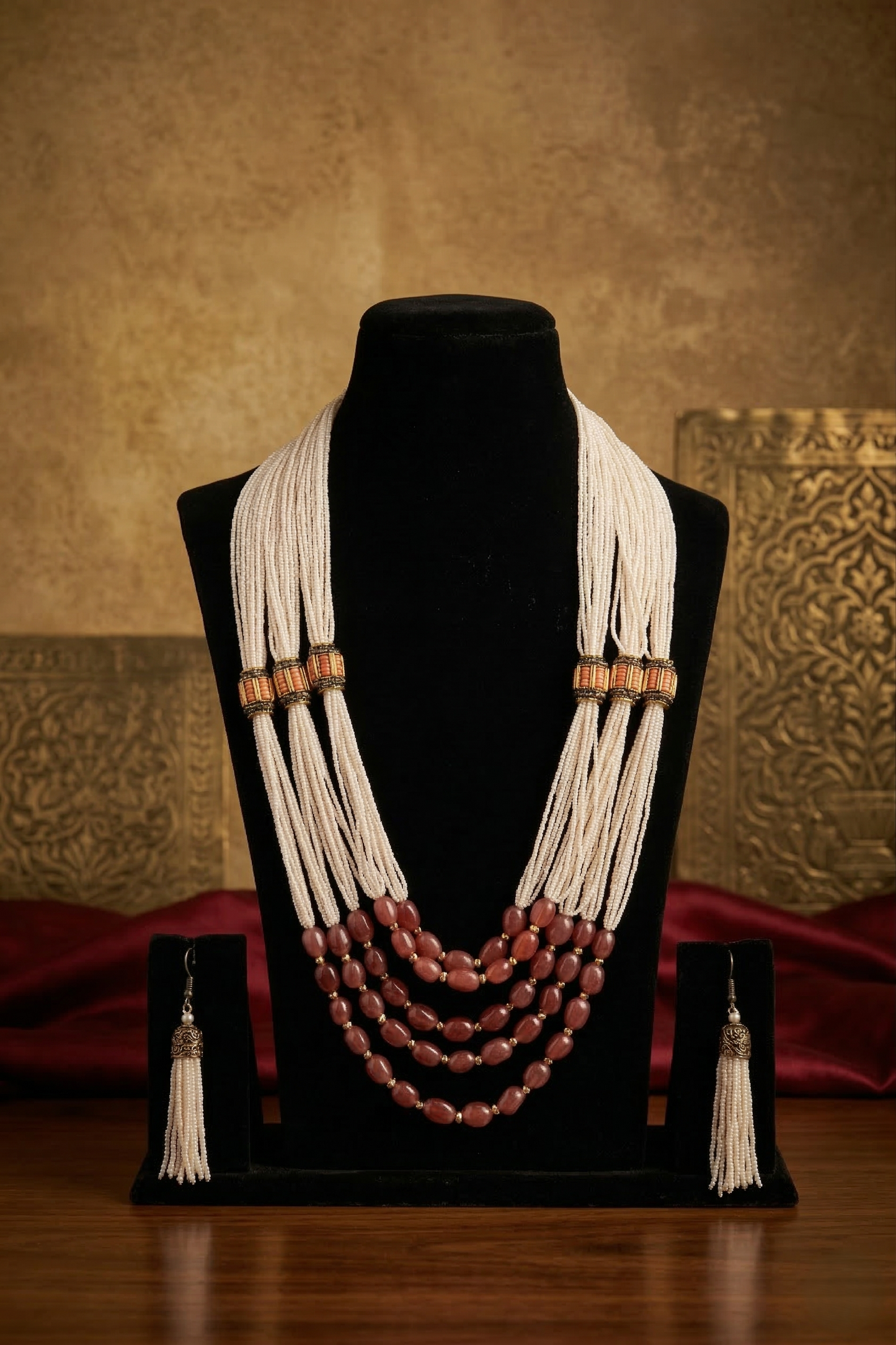 Ivory Pearl & Coral Peach Layered Necklace Set