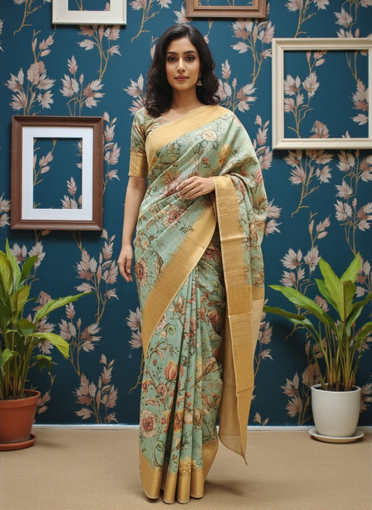 Sage Green Floral Printed Pure Tassar Silk Saree