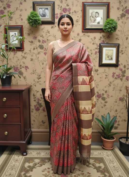 Rust Red Traditional Print Pure Tassar Silk Saree