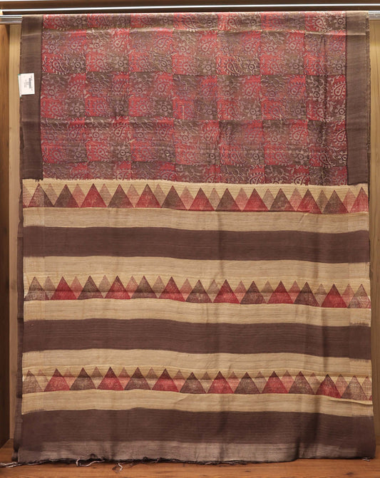 Rust Red Traditional Print Pure Tassar Silk Saree