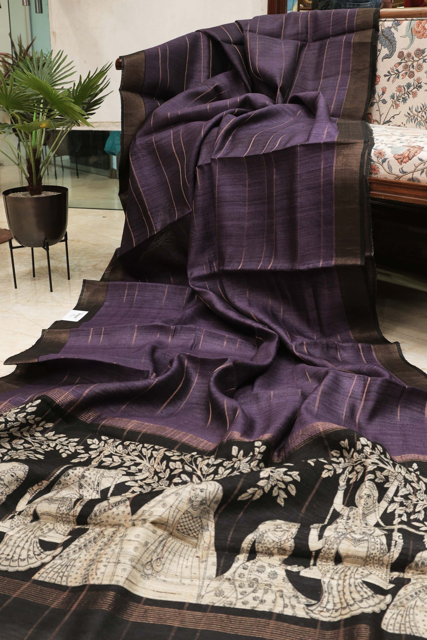Royal Purple Contemporary Print Pure Tassar Silk Saree