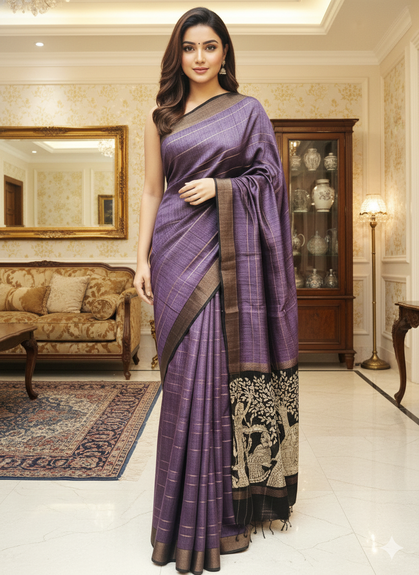 Royal Purple Contemporary Print Pure Tassar Silk Saree