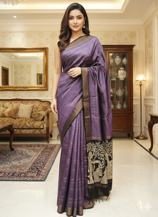 Royal Purple Contemporary Print Pure Tassar Silk Saree