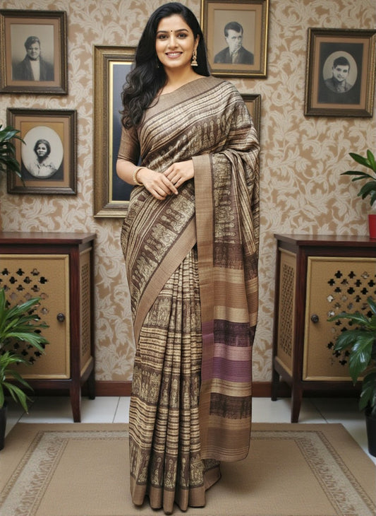 Earthy Brown Abstract Print Pure Tassar Silk Saree