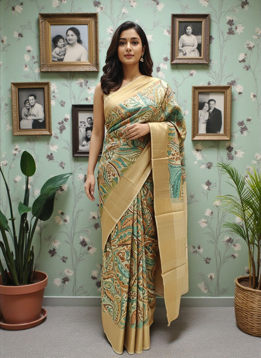 Beige & Teal Artistic Print Pure Tassar Silk Saree