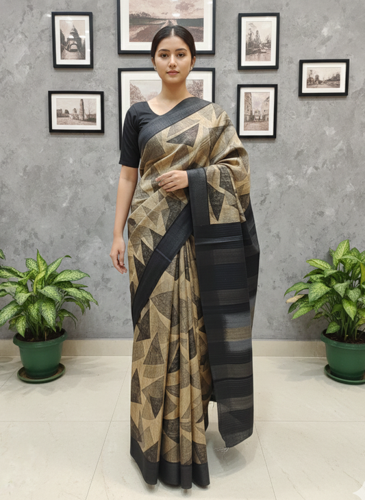 Geometric Print Pure Tassar Silk Saree in Neutral Tones