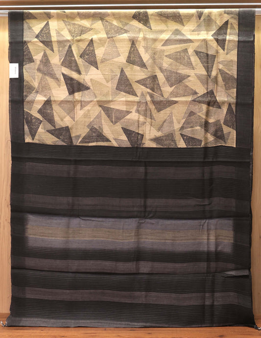 Geometric Print Pure Tassar Silk Saree in Neutral Tones