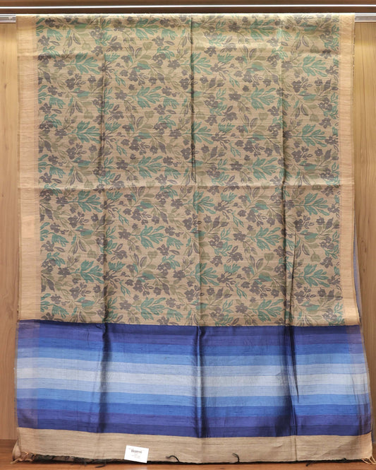 Soft Blue & Beige Floral Print Pure Tassar Silk Saree
