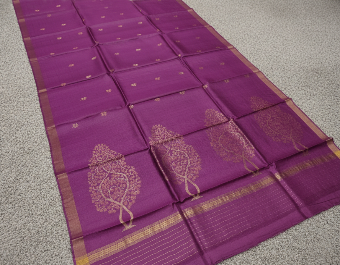 Pure Tussar Silk Saree with Leaf Motifs and Woven Anchal