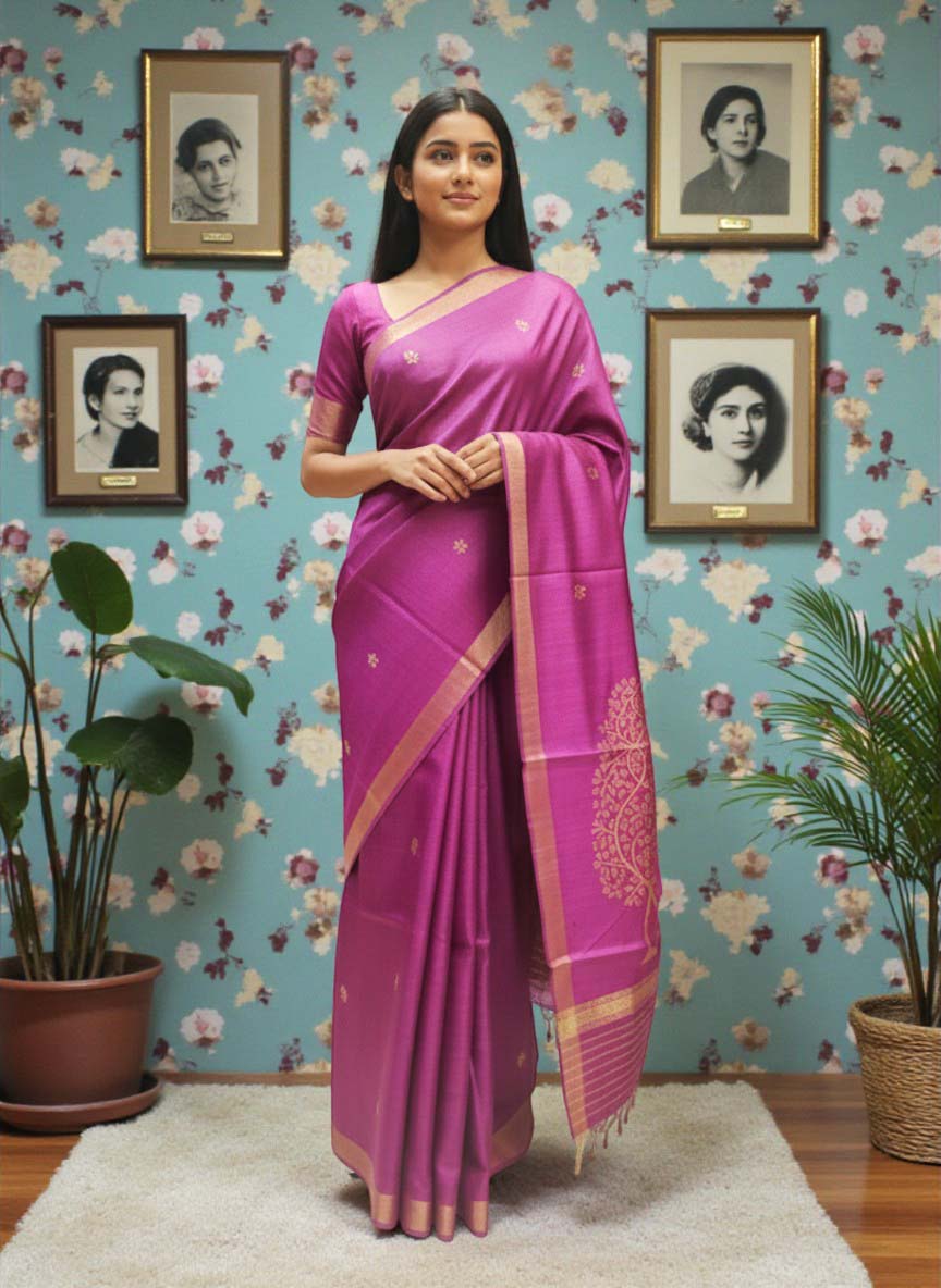 Pure Tussar Silk Saree with Leaf Motifs and Woven Anchal