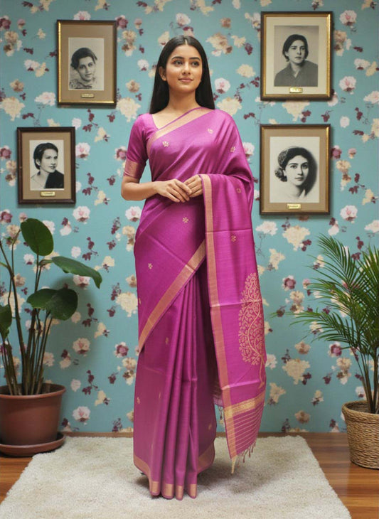 Pure Tussar Silk Saree with Leaf Motifs and Woven Anchal