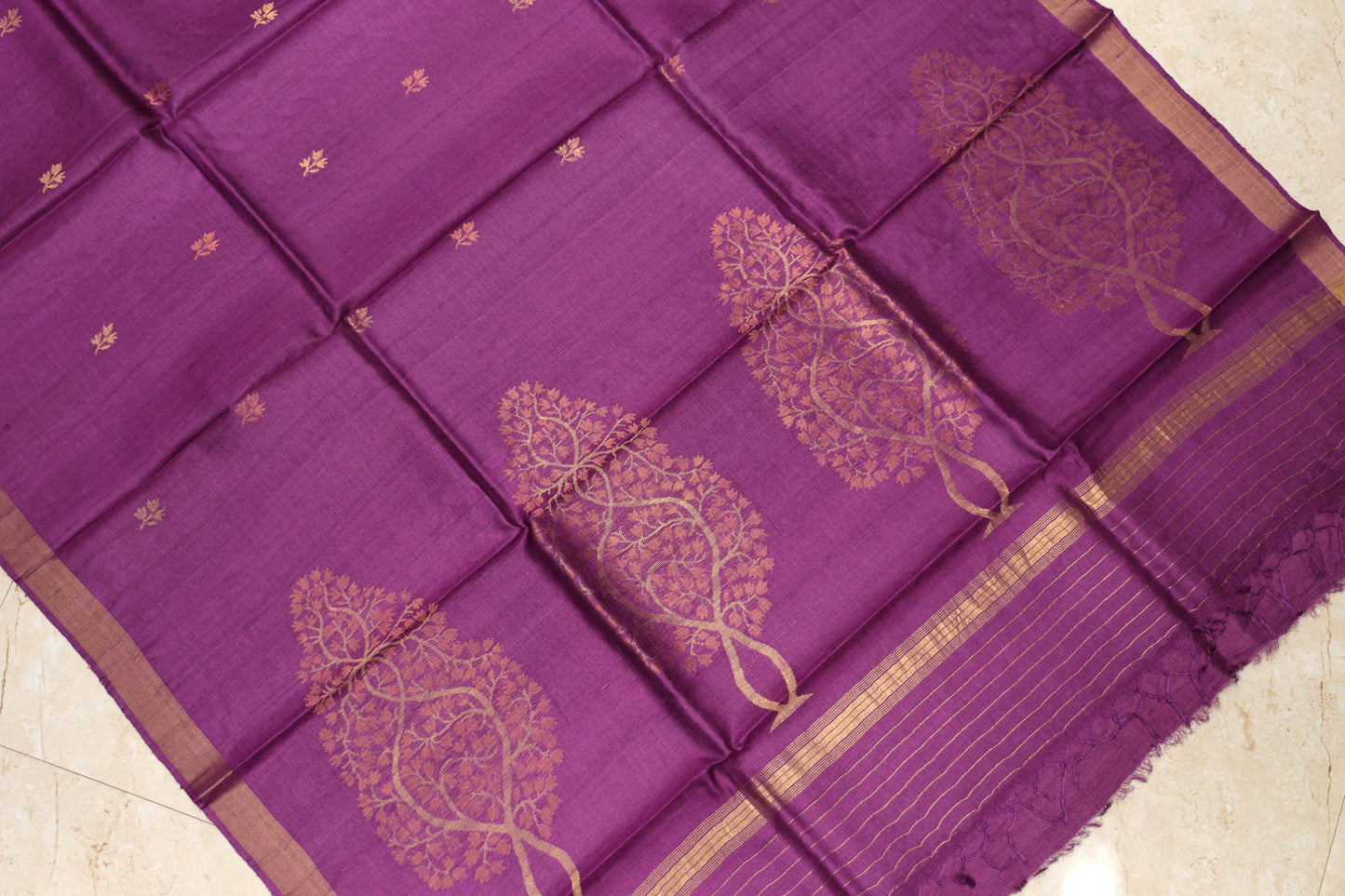 Pure Tussar Silk Saree with Leaf Motifs and Woven Anchal