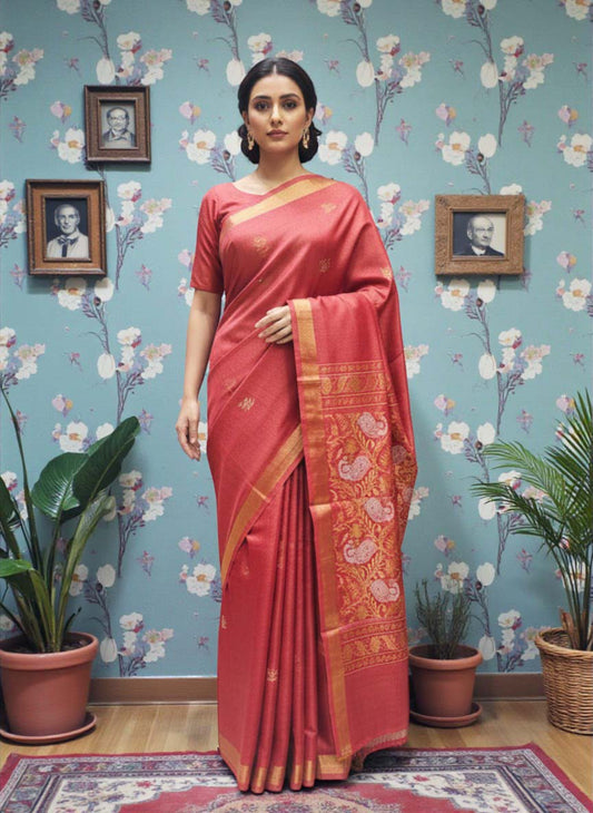 Pure Tussar Silk Saree with Zari–Resham Woven Pallu