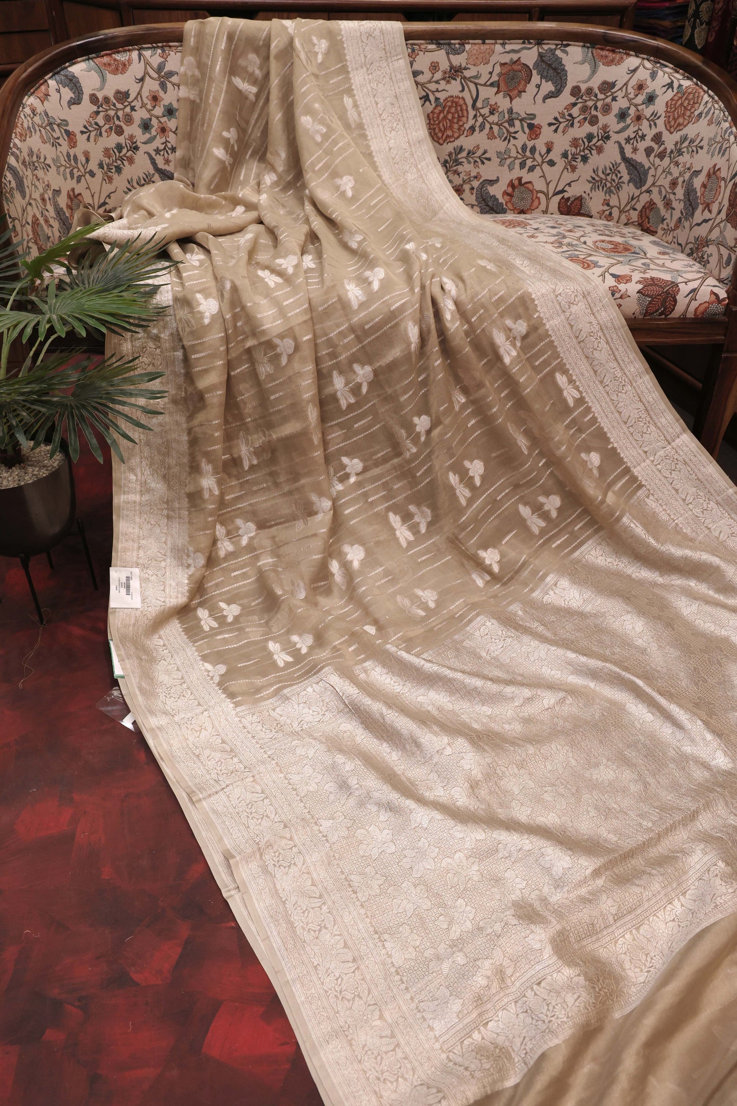Ivory Beige Pastel Georgette Banarasi Saree with Silver Zari