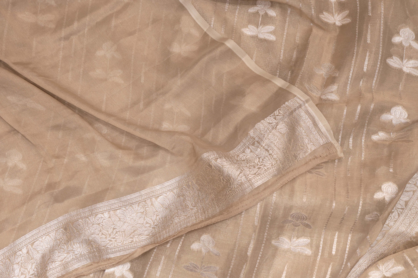 Ivory Beige Pastel Georgette Banarasi Saree with Silver Zari