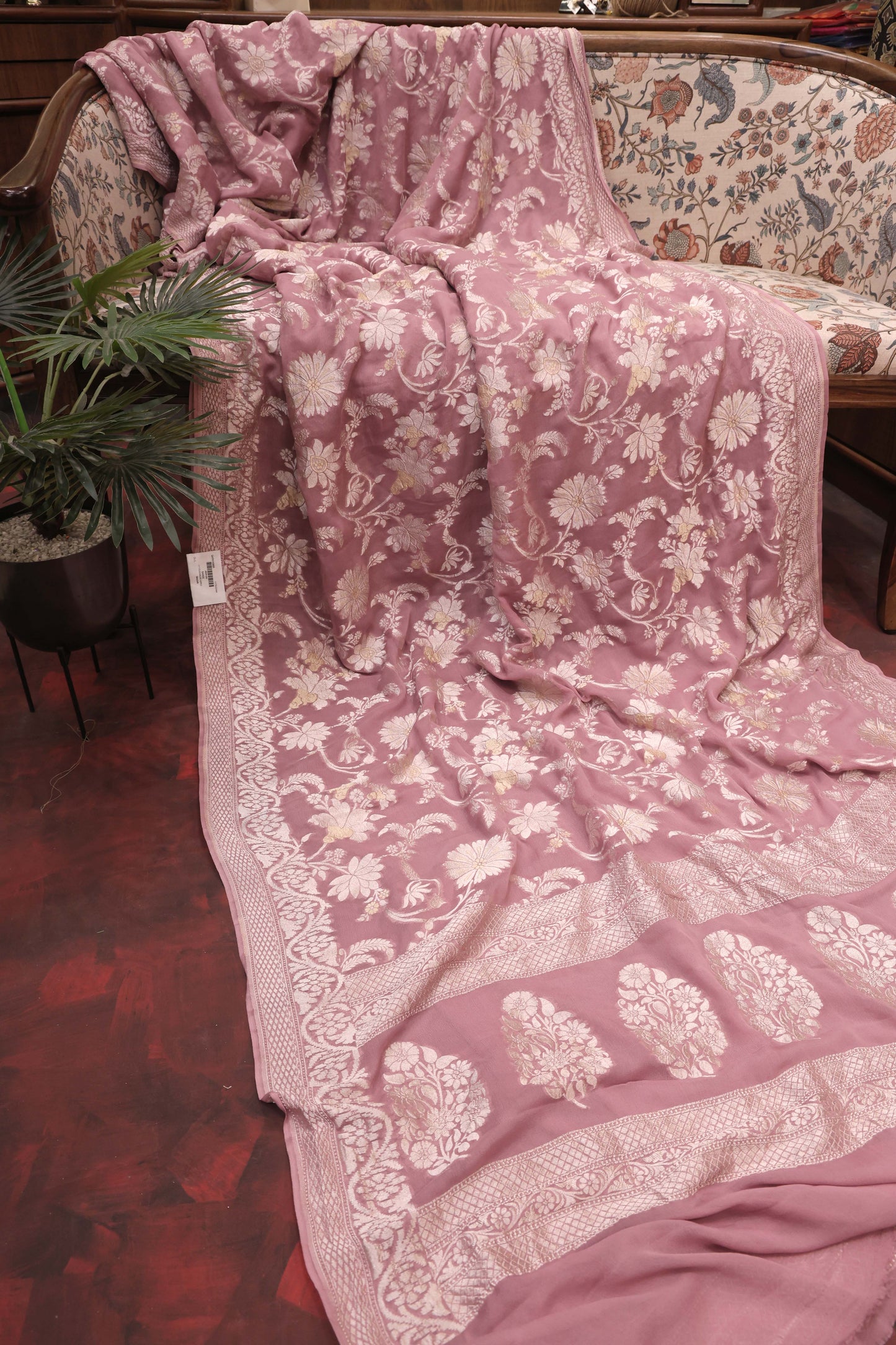 French Rose Georgette Banarasi Saree with Silver & Gold Zari