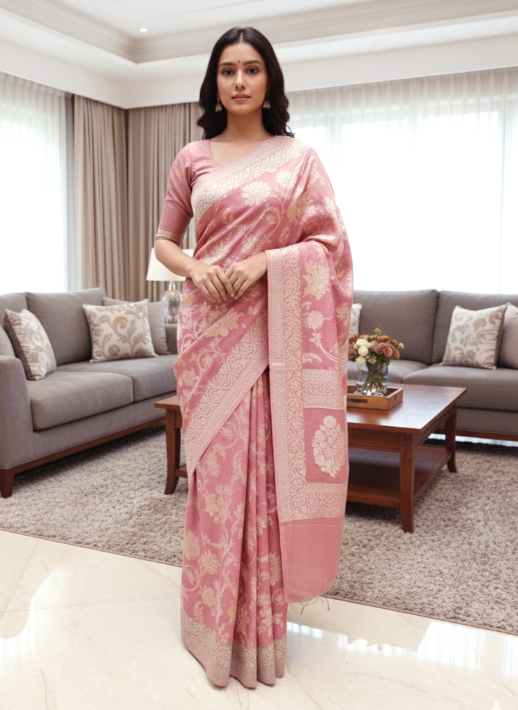 French Rose Georgette Banarasi Saree with Silver & Gold Zari