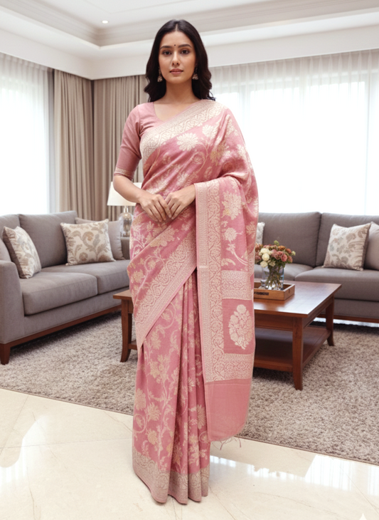 French Rose Georgette Banarasi Saree with Silver & Gold Zari