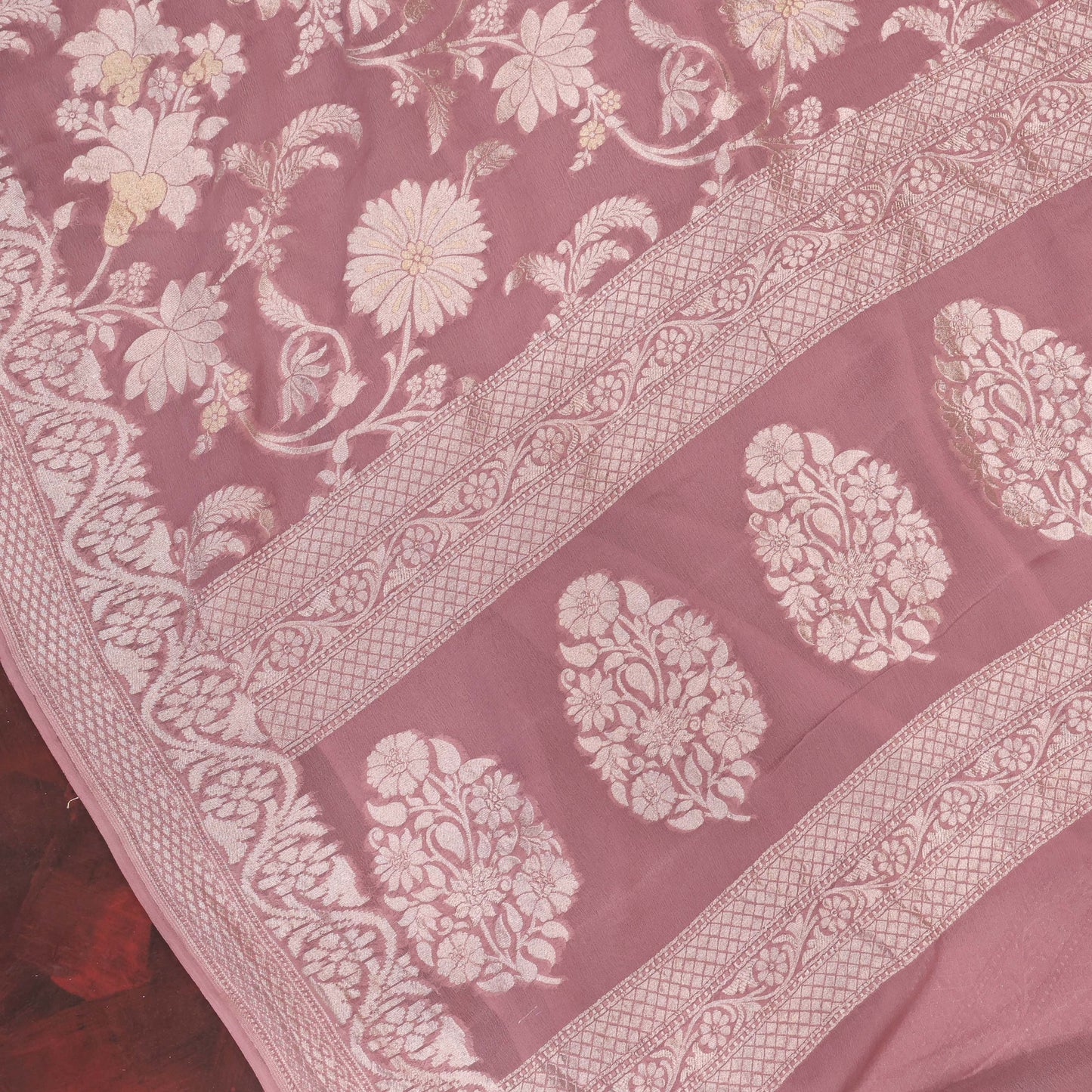 French Rose Georgette Banarasi Saree with Silver & Gold Zari