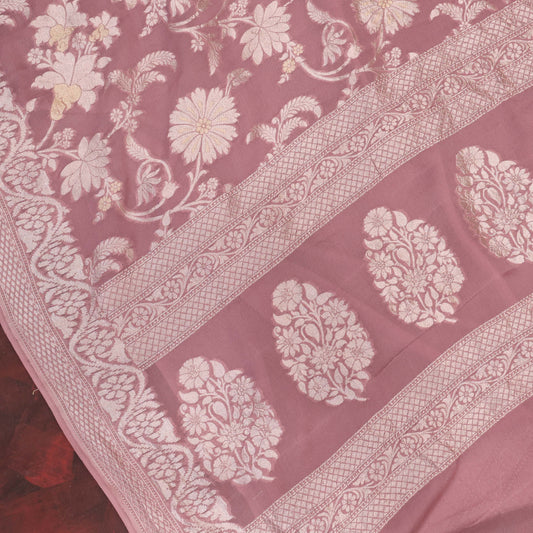 French Rose Georgette Banarasi Saree with Silver & Gold Zari