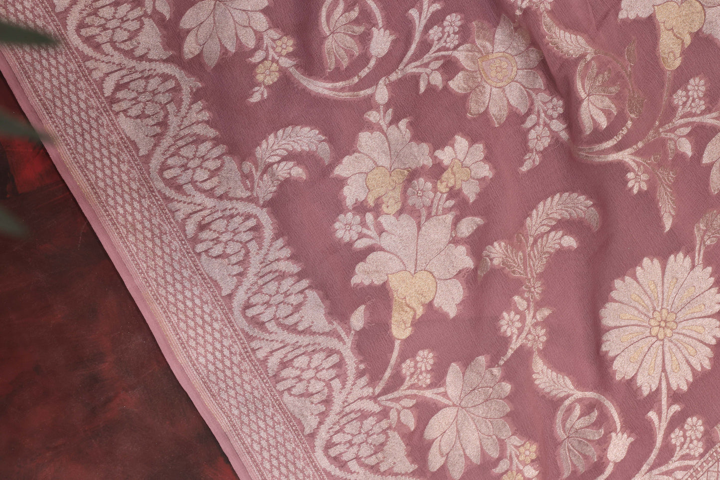 French Rose Georgette Banarasi Saree with Silver & Gold Zari