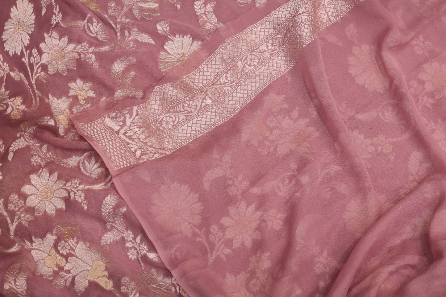 French Rose Georgette Banarasi Saree with Silver & Gold Zari