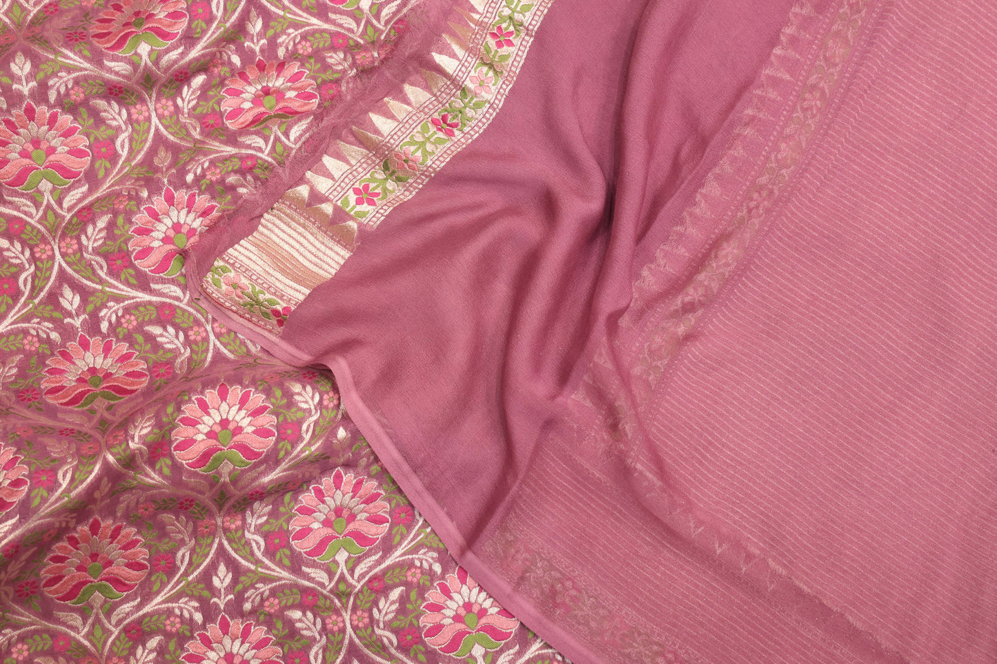 Dusty Rose Georgette Banarasi Saree with Traditional Floral Jaal