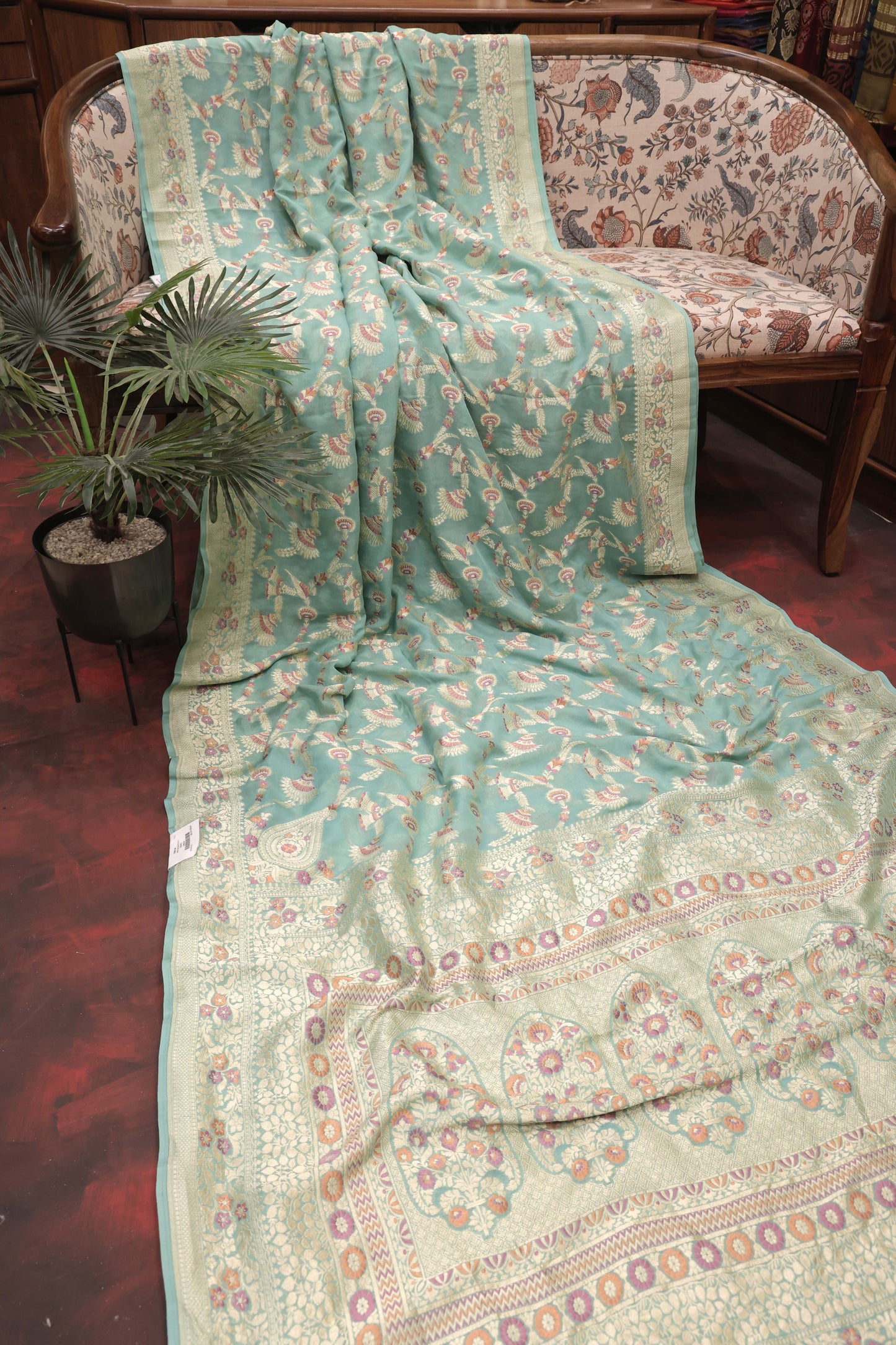 Seafoam Mint Georgette Banarasi Saree with Floral Jaal