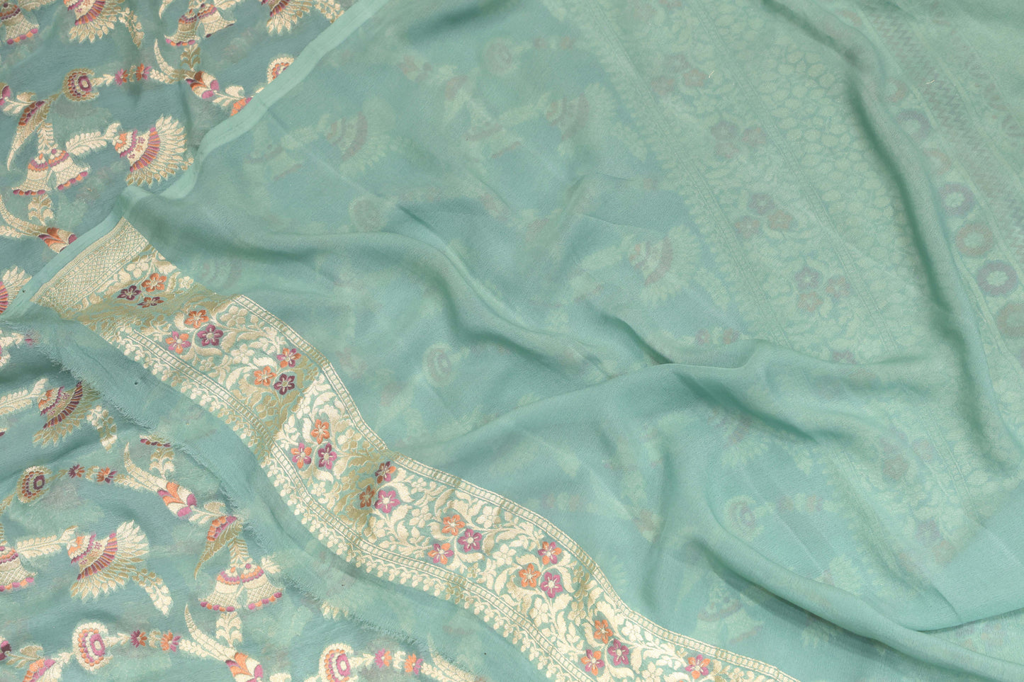 Seafoam Mint Georgette Banarasi Saree with Floral Jaal