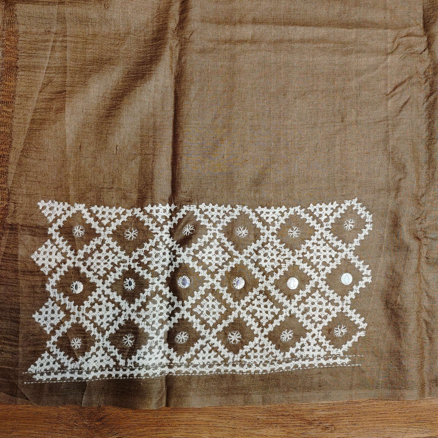 Pure Tassa Silk Saree with Gujarati Stitch Embroidery