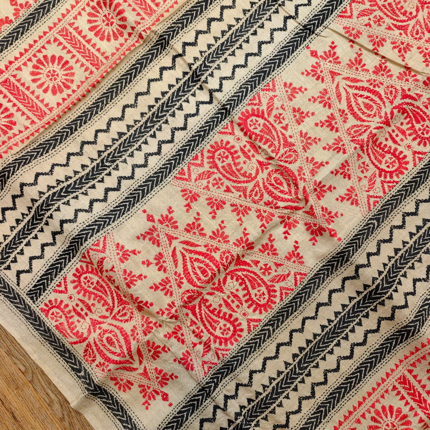 Pure Tassar Silk Saree with Kantha Stitch – Ganga-Jamuna Border