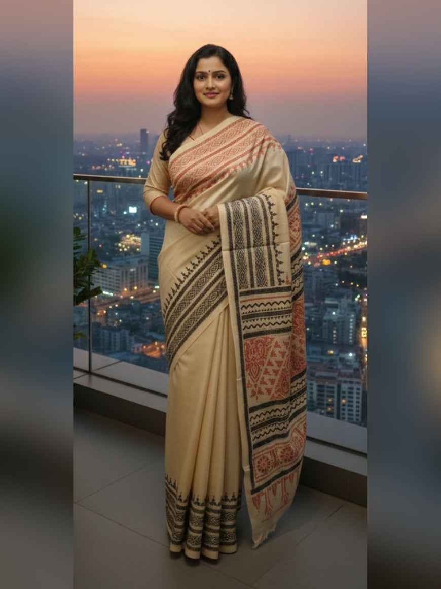 Pure Tassar Silk Saree with Kantha Stitch – Ganga-Jamuna Border