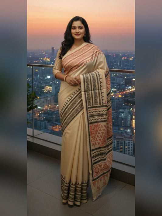 Pure Tassar Silk Saree with Kantha Stitch – Ganga-Jamuna Border