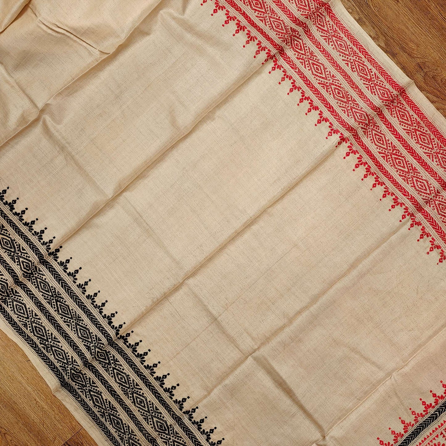 Pure Tassar Silk Saree with Kantha Stitch – Ganga-Jamuna Border