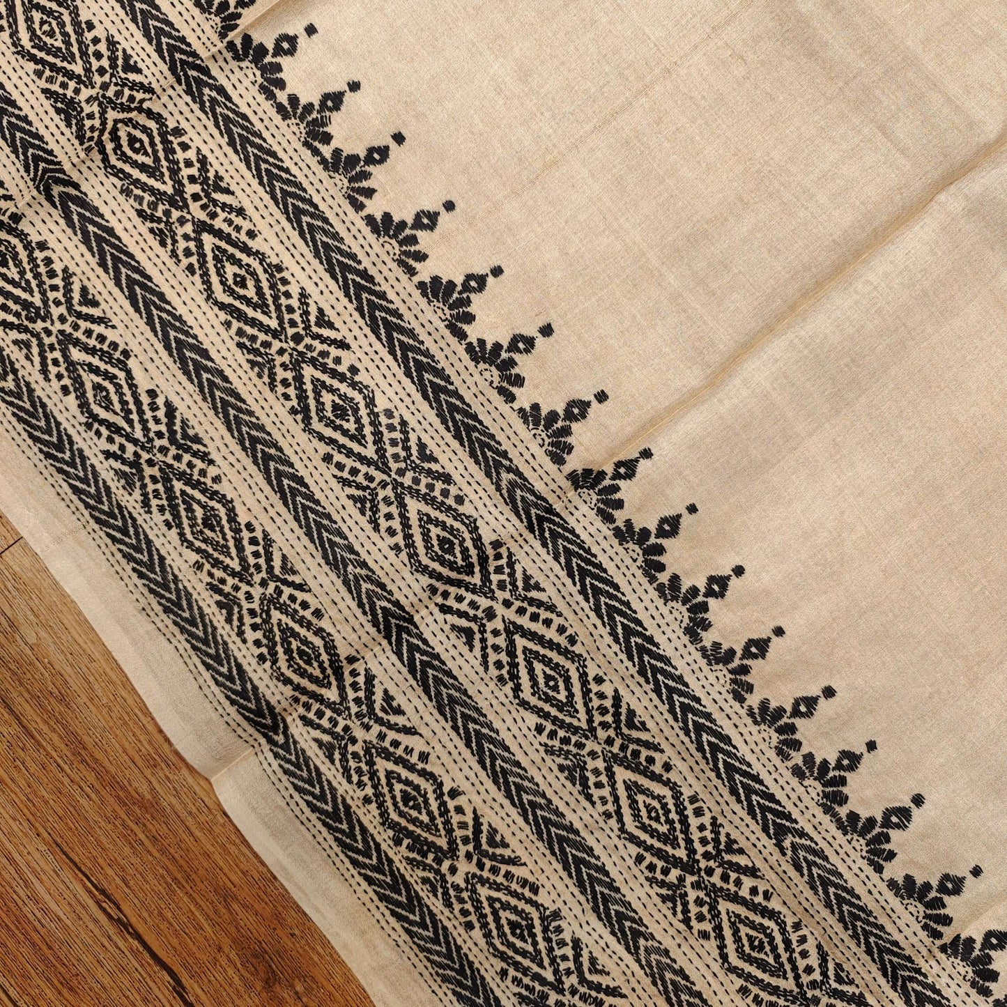 Pure Tassar Silk Saree with Kantha Stitch – Ganga-Jamuna Border