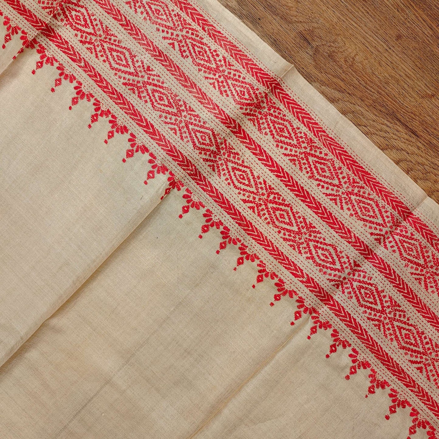 Pure Tassar Silk Saree with Kantha Stitch – Ganga-Jamuna Border